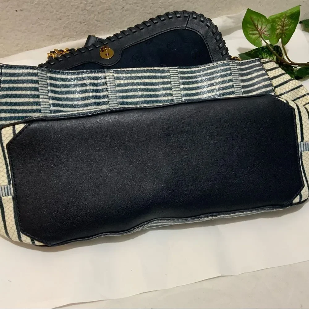 TORY BURCH MARION PATCHWORK SADDLEBAG Blue white liknew - Picture 14 of 16